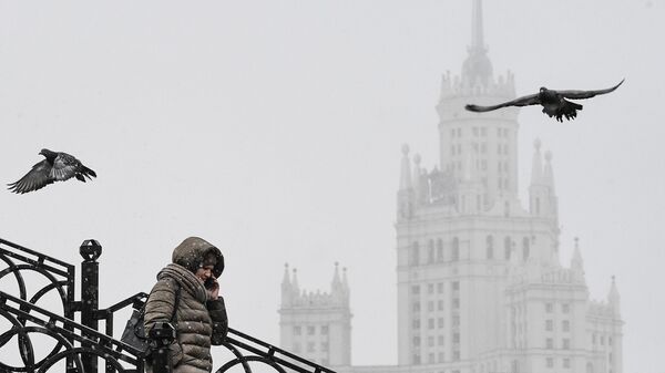 Женщина идет по Таможенному пешеходному мосту через реку Яузу, соединяющему Золоторожскую и Сыромятническую набережные в Москве