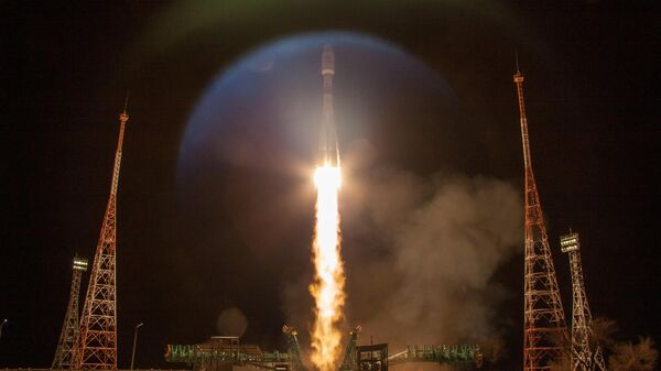 Пуск ракеты-носителя Союз-2.1б с разгонным блоком Фрегат и 34 космическими аппаратами OneWeb на борту с космодрома Байконур