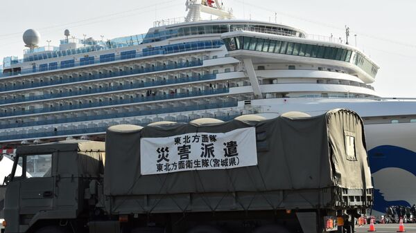 Оцепление возле круизного судна Diamond Princess в порту Йокогамы
