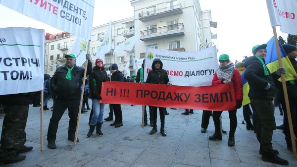 Участники акции против земельной реформы у здания администрации президента Украины в Киеве