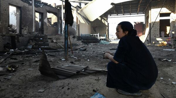 Местная жительница во дворе ее сгоревшего после конфликта дома в Шортубе