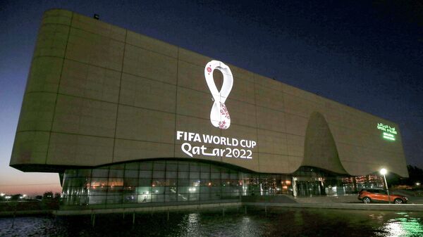 The Fifa World Cup Qatar 2022 logo is projected on the facade of the Algiers Opera House in the Algerian capital on September 3, 2019. (Photo by - / AFP)