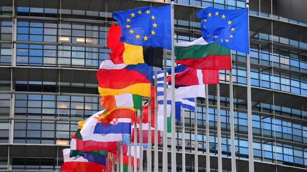 Флаги стран Евросоюза перед главным зданием Европейского парламента в Страсбурге