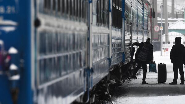 Пассажир выходит из поезда на платформу станции Новосибирск-Главный