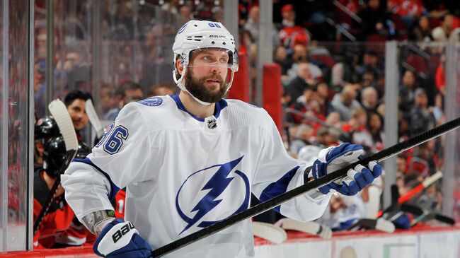 NEWARK, NEW JERSEY - JANUARY 12: Nikita Kucherov #86 of the Tampa Bay Lightning in action against the New Jersey Devils at Prudential Center on January 12, 2020 in Newark, New Jersey. The Devils defeated the Lightning 3-1.   Jim McIsaac/Getty Images/AFP