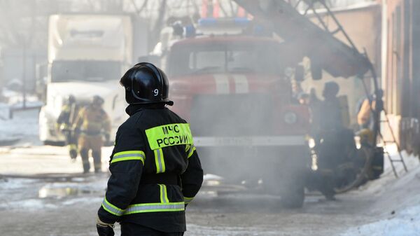 Сотрудники противопожарной службы МЧС РФ во время ликвидации пожара