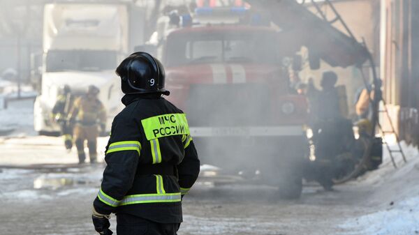 Сотрудники противопожарной службы МЧС России во время ликвидации пожара