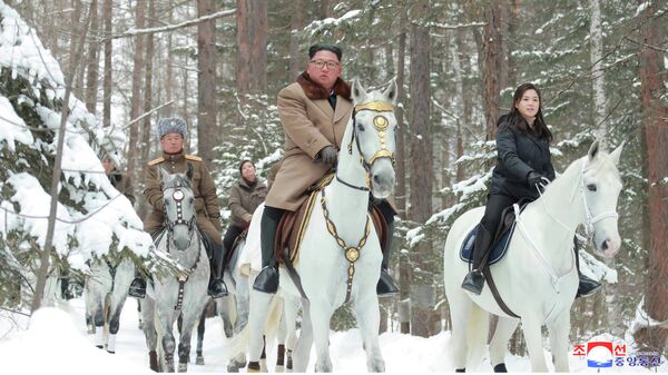 Лидер КНДР Ким Чен Ын во время подъема на священную гору Пэктусан