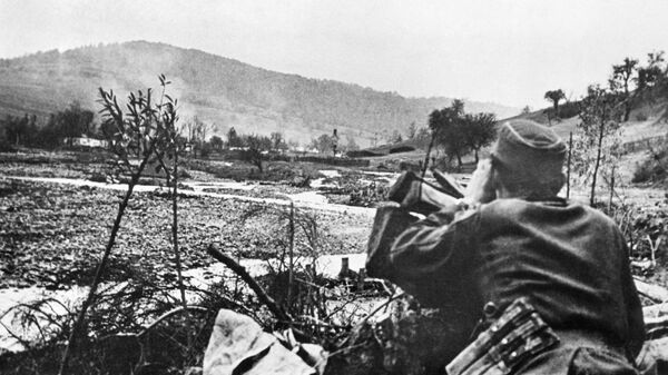 Удары немецкой артиллерии по позициям Красной армии во время боя за Словакию 