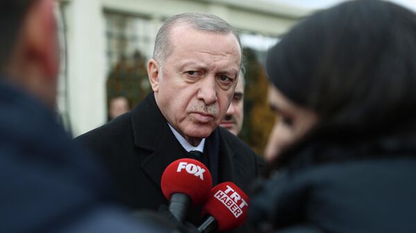 Президент Турции Реджеп Тайип Эрдоган во время беседы с журналистами 