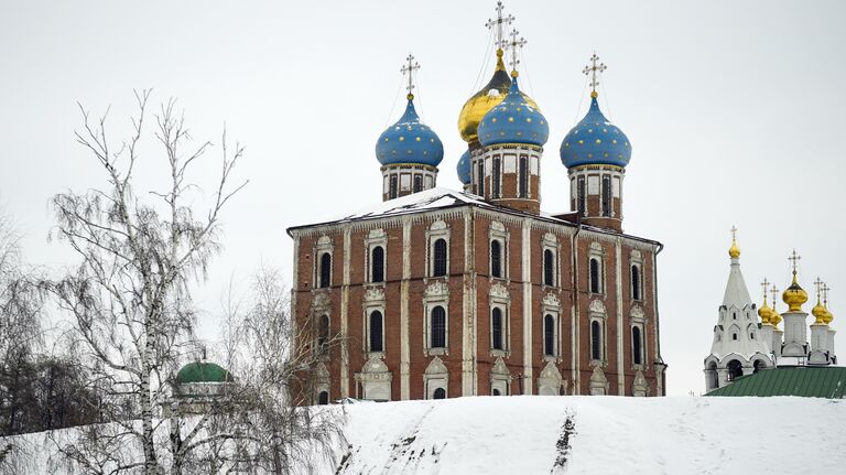 Успенский собор (на переднем плане) и Богоявленский храм Спасо-Преображенского мужского монастыря города Рязани