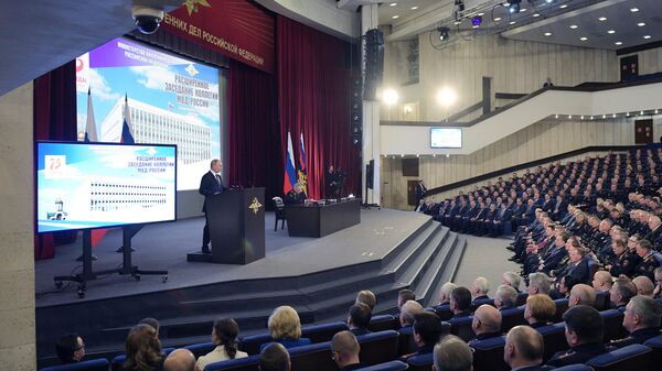 Президент РФ Владимир Путин выступает на ежегодном расширенном заседании коллегии министерства внутренних дел РФ. 26 февраля 2020