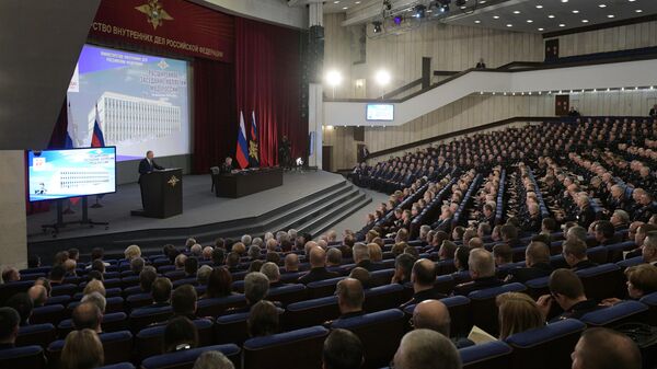 Президент РФ Владимир Путин выступает на ежегодном расширенном заседании коллегии министерства внутренних дел РФ. 26 февраля 2020