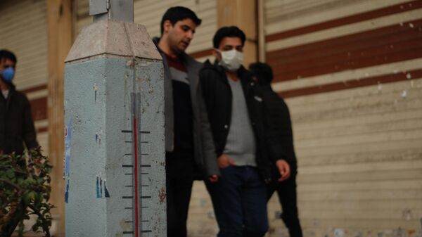 Люди в медицинских масках на улице столицы Ирана города Тегеран