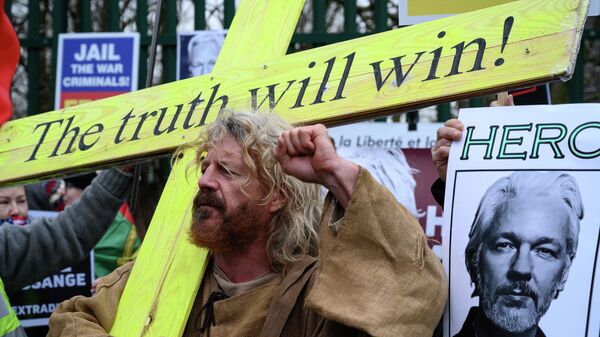 Участник акции в поддержку основателя Wikileaks Джулиана Ассанжа у здания Королевского суда Вулича в Лондоне