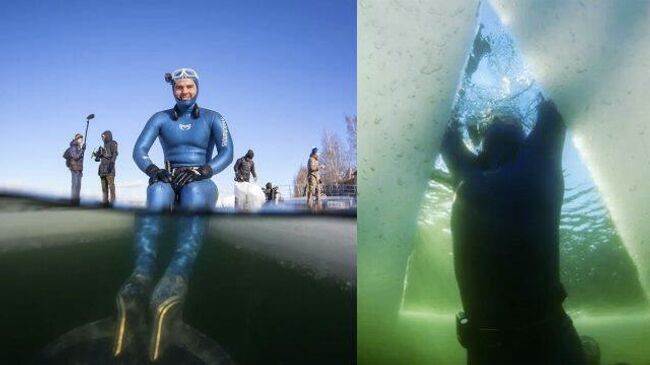 В память о маме: фридайвер проплыл подо льдом 181 метр