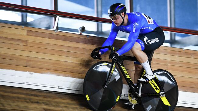 Russia's Shane Perkins prepares to compete during the qualifying round of the men's sprint at the Track Cycling Grand Prix of Moscow in Moscow, Russia.