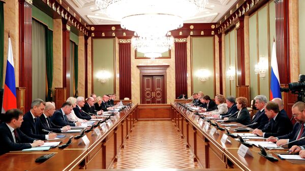 Председатель правительства РФ Михаил Мишустин проводит встречу с членами Совета палаты Совета Федерации РФ