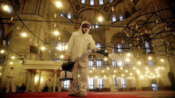 Рабочий в защитном костюме дезинфицирует мечеть Фатих в Стамбуле