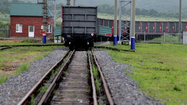 Грузовой состав пересекает железнодорожный пункт пропуска между Россией и Китаем