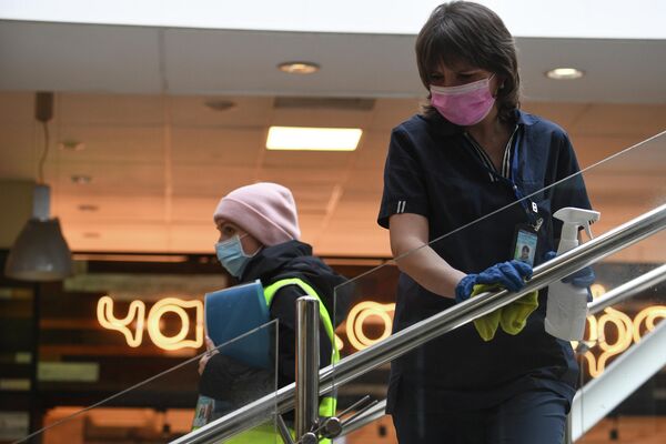 Сотрудница клининговой службы дезинфицирует поручни в аэропорту Толмачево в Новосибирске