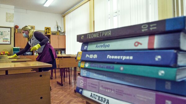 Сотрудница школы проводит санитарную обработку помещений в одной из школ Москвы