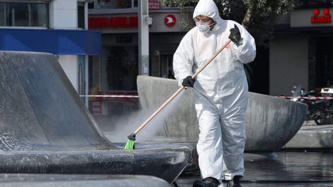 Сотрудник санитарной службы проводит обработку улиц в Стамбуле