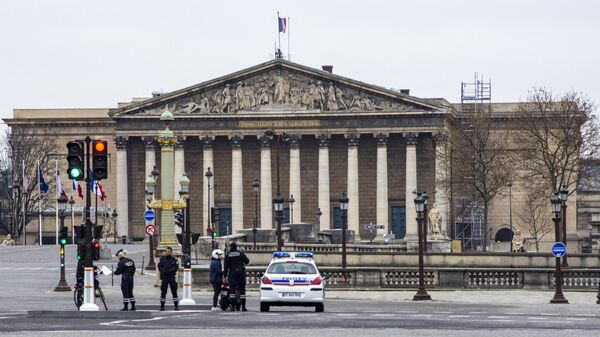 Полицейские проверяют документы велосипедиста у здания Национальной ассамблеи в Париже