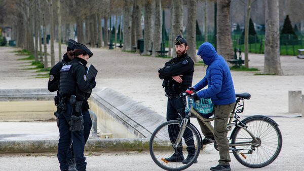 Полицейские проверяют документы велосипедиста на Марсовом поле в Париже