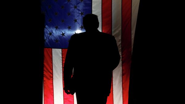 Президент США Дональд Трамп на фоне американского флага