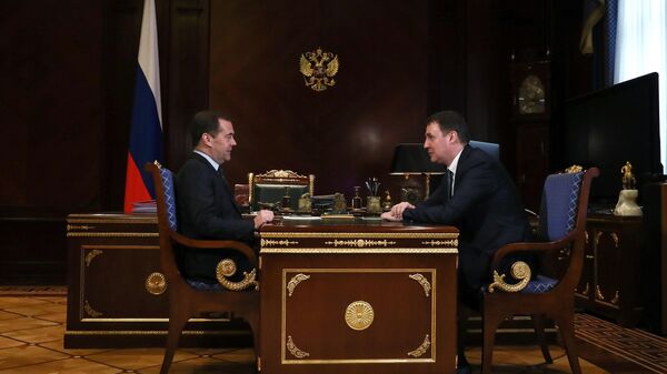 Заместитель председателя Совета безопасности РФ Дмитрий Медведев и министр сельского хозяйства РФ Дмитрий Патрушев во время встречи.