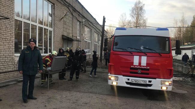 На месте пожара на территории бывшего авторемонтного завода в Петродворцовом районе Санкт-Петербурга