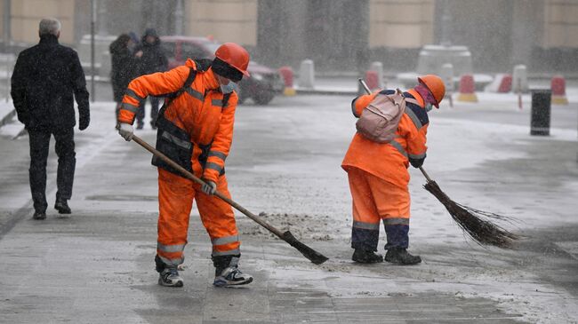 Сотрудник коммунальной службы убирает снег в Москве