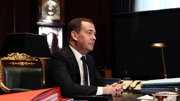 Заместитель председателя Совета безопасности РФ Дмитрий Медведев принимает участие оперативном совещании Совбеза РФ