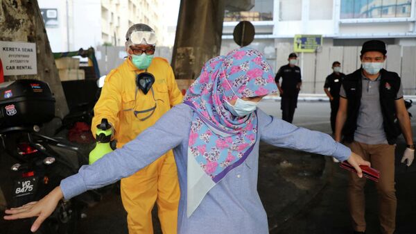 Рабочий распыляет дезинфицирующее средство на женщину  на контрольном пункте за передвижением людей во время эпидемии коронавируса в Куала-Лумпуре, Малайзия