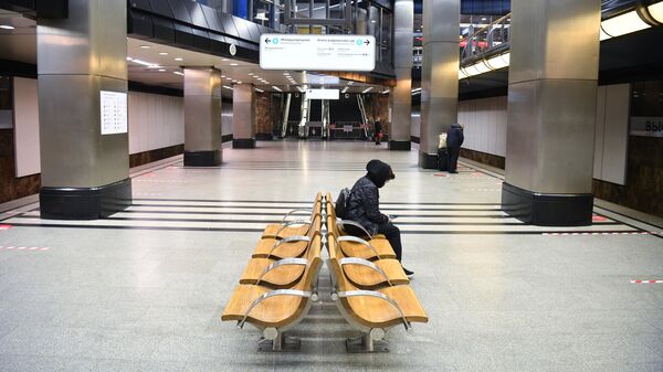 Пассажиры в ожидании поезда на станции Выставочная Московского метро