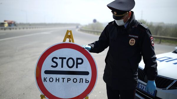 Сотрудник правоохранительных органов РФ на блокпосте при въезде в Краснодар в рамках мер по борьбе с распространением коронавирусной инфекции