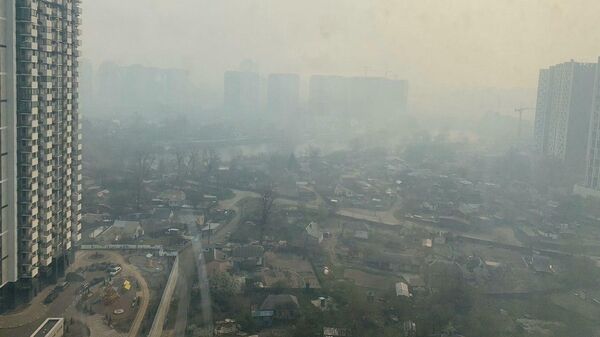 Дым от пожаров в зоне отчуждения Чернобыльской АЭС над Киевом, Украина