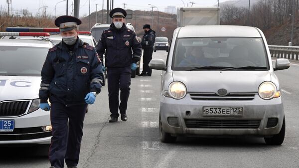 Инспекторы ДПС проверяют документы у водителей, въезжающих на остров Русский