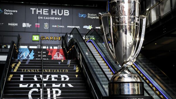 BOSTON, MA - MARCH 3: A general view of the Laver Cup trophy outside of TD Garden in promotion of Laver Cup Boston 2020 on March 3, 2020 in Boston, Massachusetts.   Adam Glanzman/Getty Images for The Laver Cup/AFP