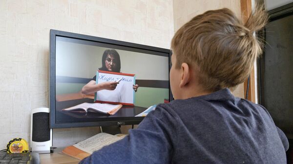 Мальчик занимается в школе онлайн в условиях самоизоляции