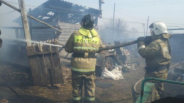 Сотрудники МЧС во время ликвидации пожара в Колосовском муниципальном районе Омской области
