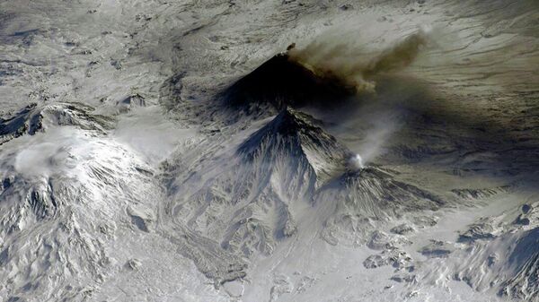 Несколько дымящих вулканов на Камчатке, снятые с борта МКС