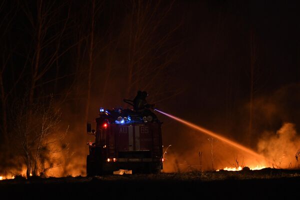 Сотрудники пожарной службы тушат полевой пожар в Новосибирской области
