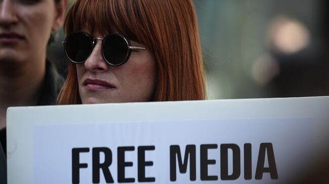 Журналист с плакатом Свободная пресса во время демонстрации во Всемирный день свободы печати в Стамбуле 