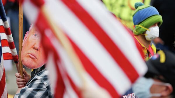 Мужчина в маске Дональда Трампа во время протеста против режима самоизоляции в Вашингтоне, США