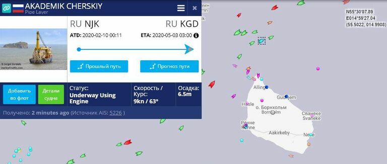 Местоположение судна-трубоукладчика Академик Черский 1 мая 2020 Местоположение судна-трубоукладчика Академик Черский 1 мая 2020