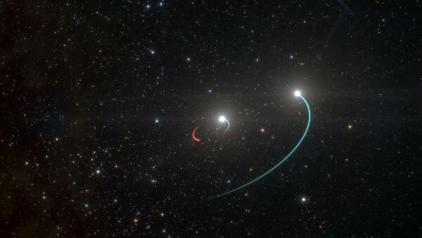 Так в представлении художника выглядит тройная система HR 6819 с ближайшей к Земле черной дырой и двумя звездами-компаньонами