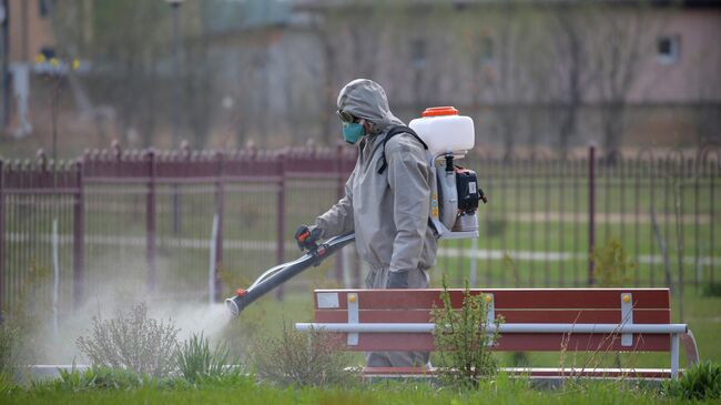 Дезинфекция школьного двора в деревне Боровляны, Белоруссия