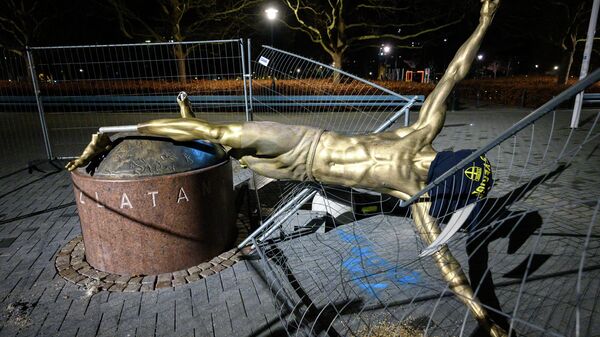 The staue of Swedish football player Zlatan Ibrahimovic in Malmo, Sweden, is pictured after it has been completly sawn down and destroyed during the night to January 5, 2020. - The statue has been the target of vandalism since the star has announced his part ownership in football club Hammarby, a team rivalling with Malmo FF (MFF) -- the club where Ibrahimovic started his professional career in 1999. (Photo by Johan NILSSON / TT News Agency / AFP) / Sweden OUT